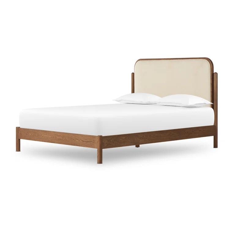 King Oak Upholstered Bed with Ivory Headboard and Drawer