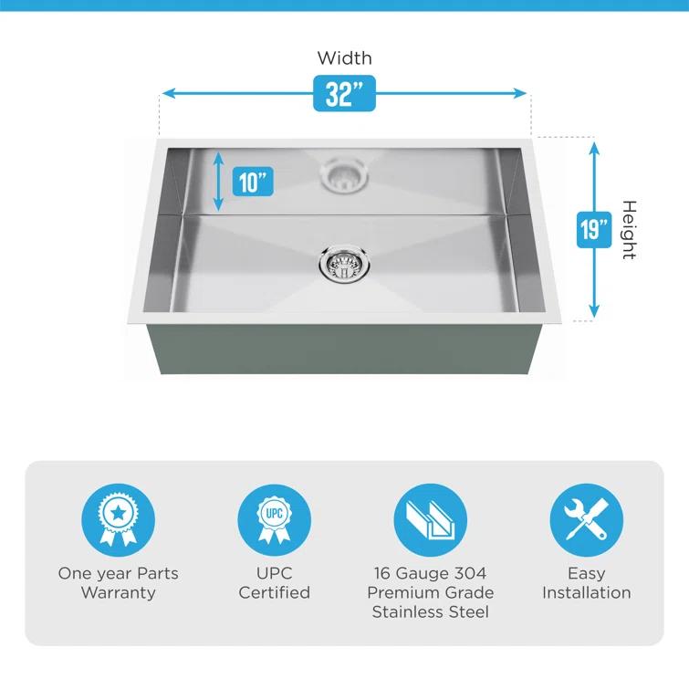 Blue Ocean 32" L x 19" W Single BowlStainless Steel Undermount Kitchen Sink