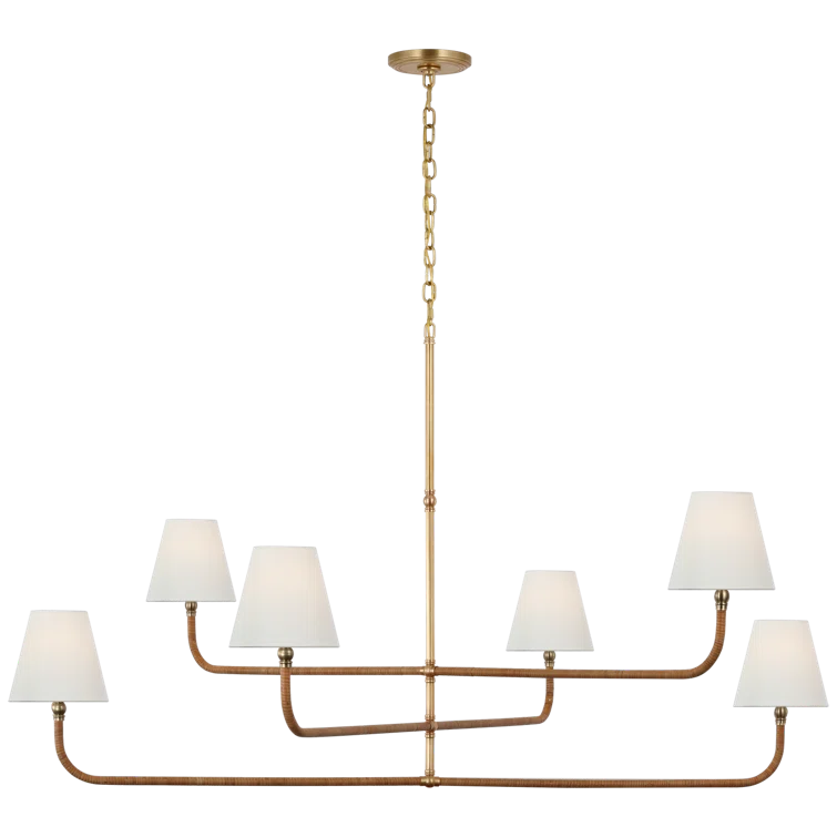 Antique-Burnished Brass and Rattan 6-Light Chandelier