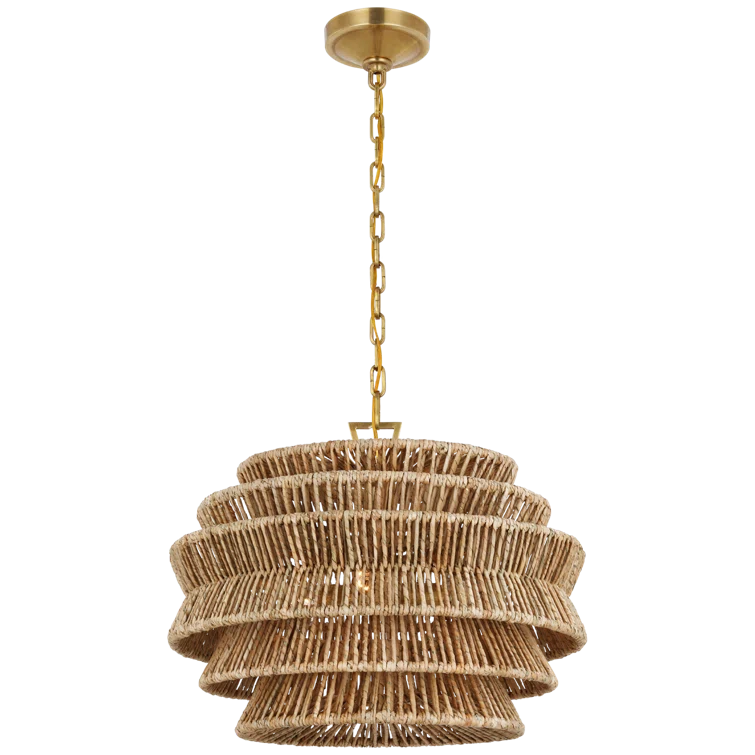 Antique-Burnished Brass and Natural Abaca Drum Chandelier