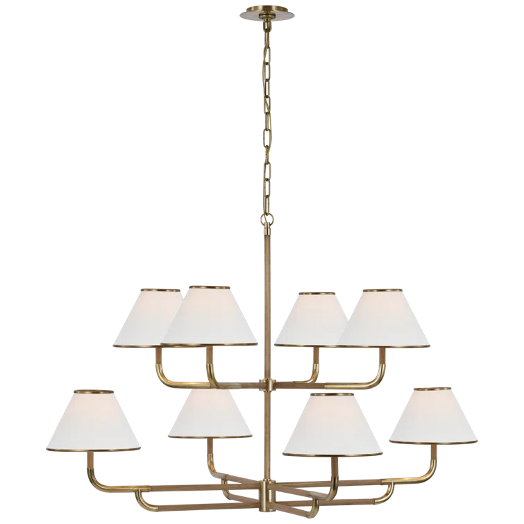 Soft Brass and Natural Oak Two-Tier Chandelier