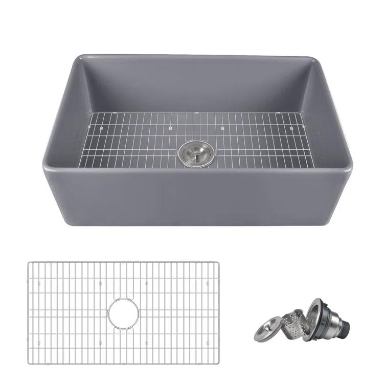 Grove 33" L X 18" W Rectangular Single Bowl Fireclay Farmhouse Kitchen Sink with Grid and Strainer