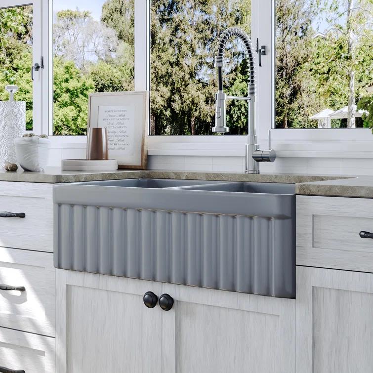 DeerValley Nova 33" L x 18" W Double Bowl Fireclay Farmhouse Kitchen Sink with Sink Grid and Basket Strainer DV-1K0041