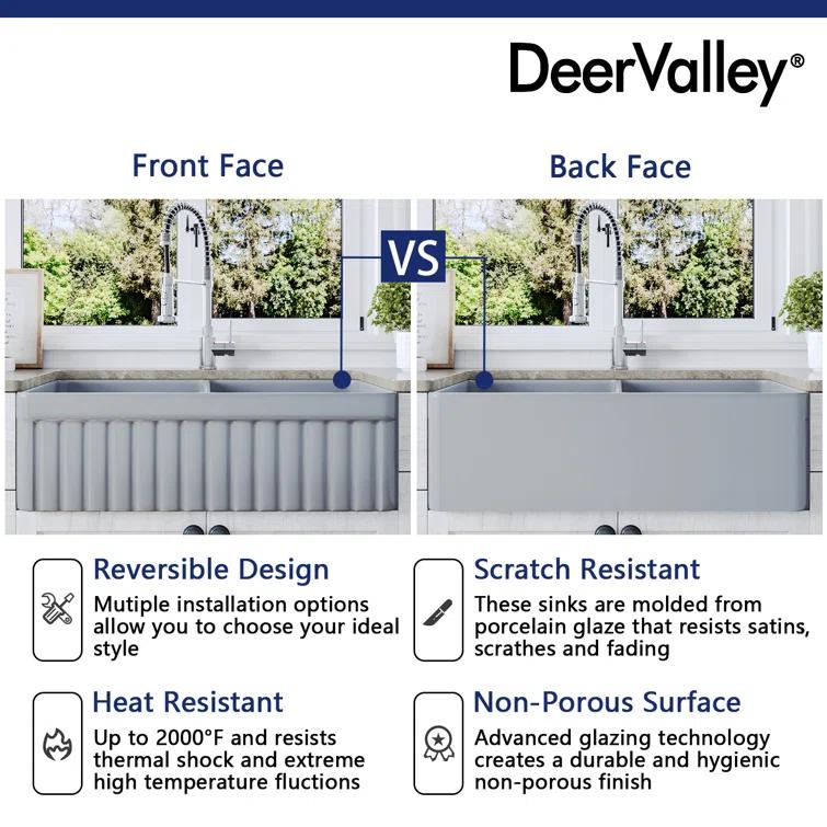 DeerValley Nova 33" L x 18" W Double Bowl Fireclay Farmhouse Kitchen Sink with Sink Grid and Basket Strainer DV-1K0041