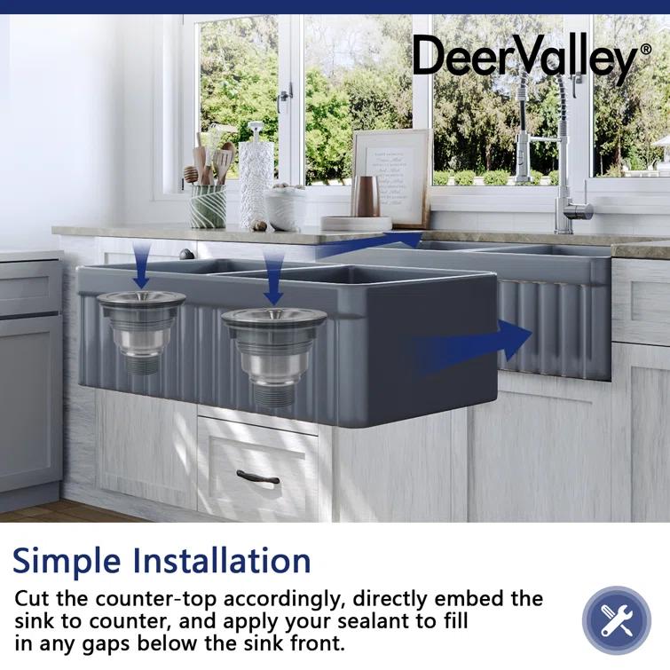 DeerValley Nova 33" L x 18" W Double Bowl Fireclay Farmhouse Kitchen Sink with Sink Grid and Basket Strainer DV-1K0041