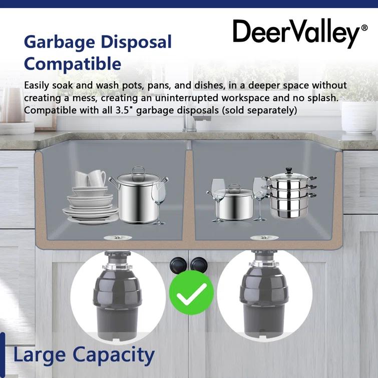DeerValley Nova 33" L x 18" W Double Bowl Fireclay Farmhouse Kitchen Sink with Sink Grid and Basket Strainer DV-1K0041