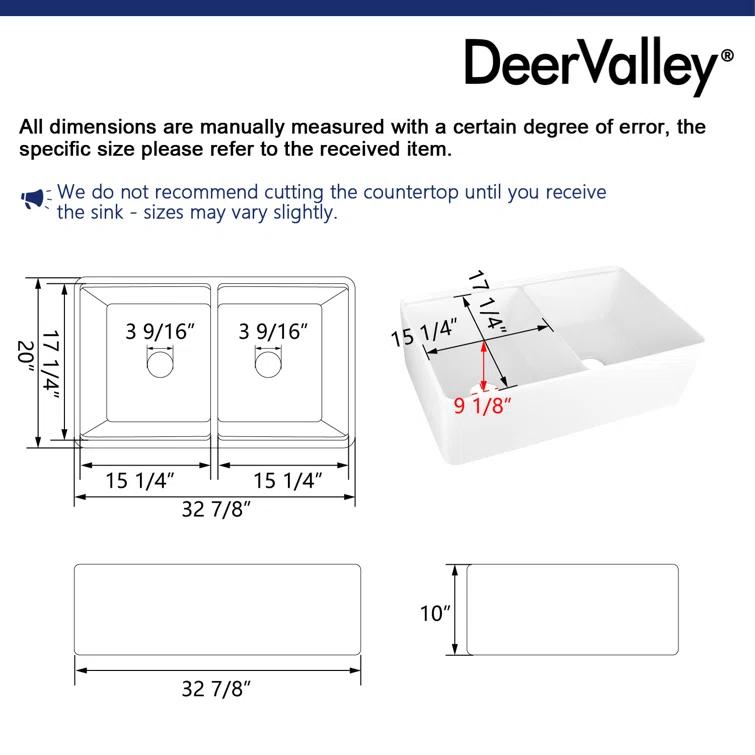 DeerValley 33" L X 20" W Double Basin Workstation Farmhouse Kitchen Sink With Sink Grid, Cutting Board And Dish-Drying Rack
