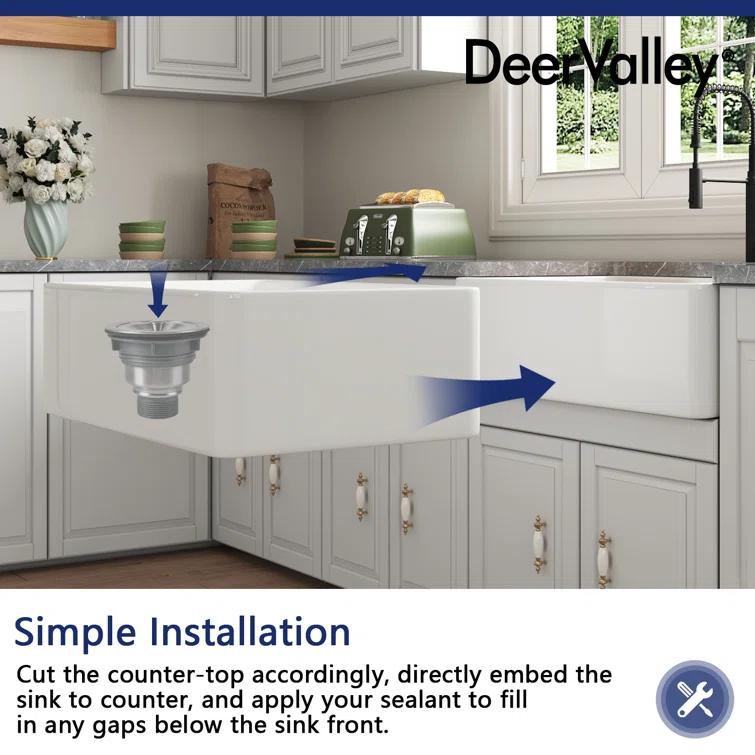 DeerValley 33" L X 20" W Single Basin Workstation Farmhouse Kitchen Sink With Sink Grid, Cutting Board And Dish-Drying Rack