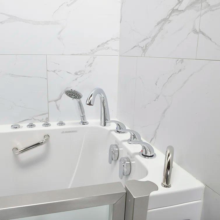 Ella Walk In Baths Ella Royal 32"x52" Acrylic Air and Hydro Massage Walk-In Bathtub with Right Inward Swing Door, 5 Piece Fast Fill Faucet, 2" Dual Drain, Carrara Wall Surround 931185PCWS