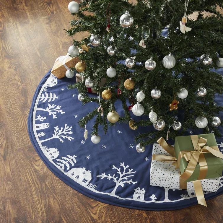 Arcadia Home Handmade Christmas Tree Skirt in Cotton - Village Scene on Navy Blue - 60"