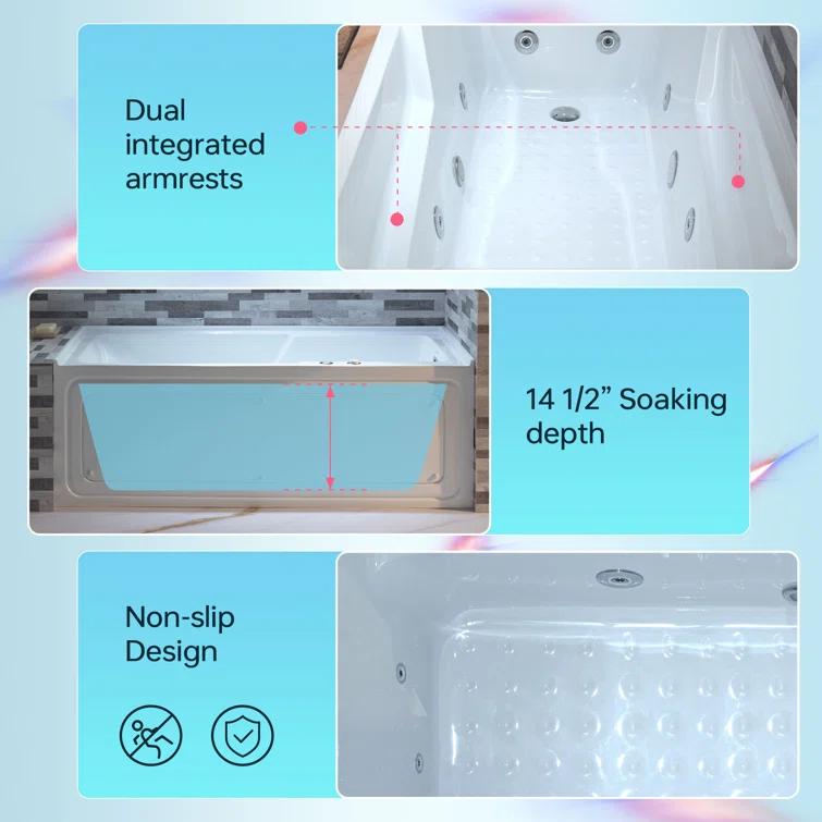 60" x 30" Whirlpool Heated Rectangular Alcove Acrylic Bathtub with Chrome/Matte Black Drain and Overflow
