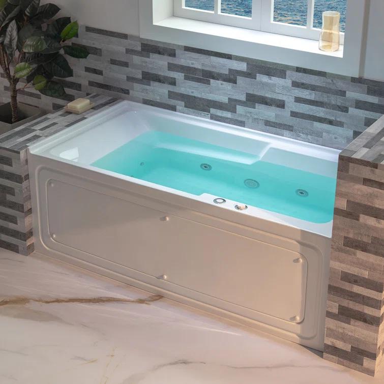 60" x 30" Whirlpool Heated Rectangular Alcove Acrylic Bathtub with Chrome/Matte Black Drain and Overflow
