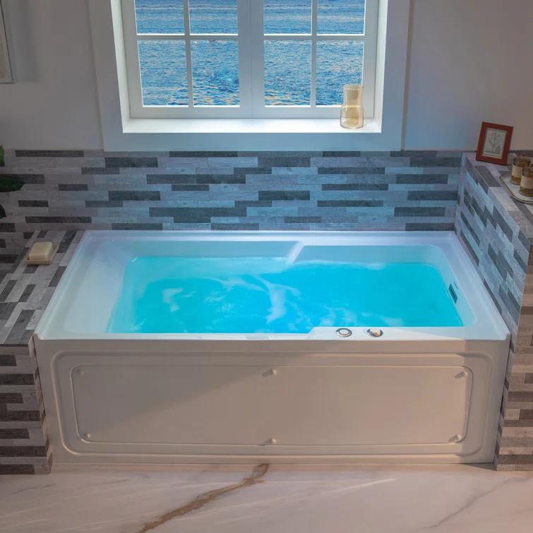 60" x 30" Whirlpool Heated Rectangular Alcove Acrylic Bathtub with Chrome/Matte Black Drain and Overflow