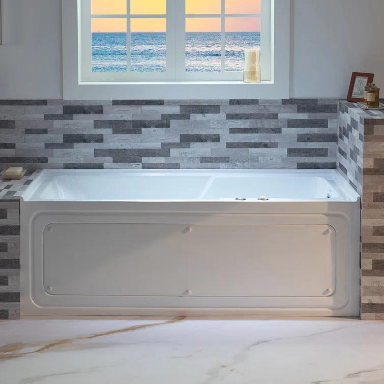 60" x 30" Whirlpool Heated Rectangular Alcove Acrylic Bathtub with Chrome/Matte Black Drain and Overflow