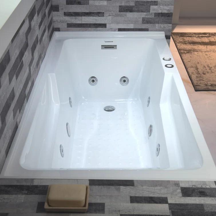 60" x 30" Whirlpool Heated Rectangular Alcove Acrylic Bathtub with Chrome/Matte Black Drain and Overflow