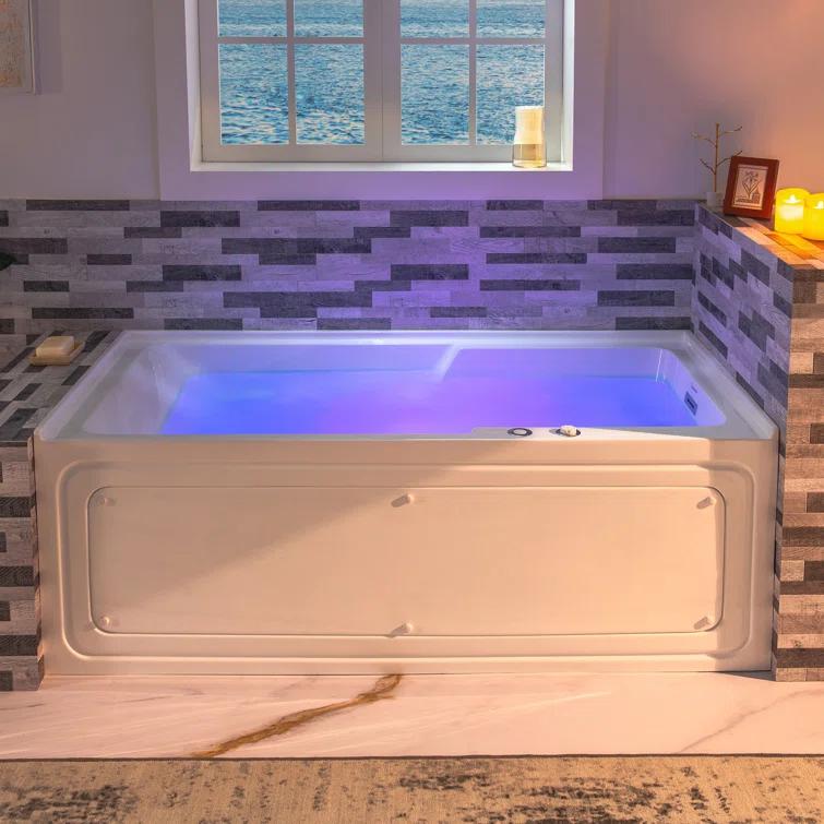 60" x 30" Whirlpool Heated Rectangular Alcove Acrylic Bathtub with Chrome/Matte Black Drain and Overflow