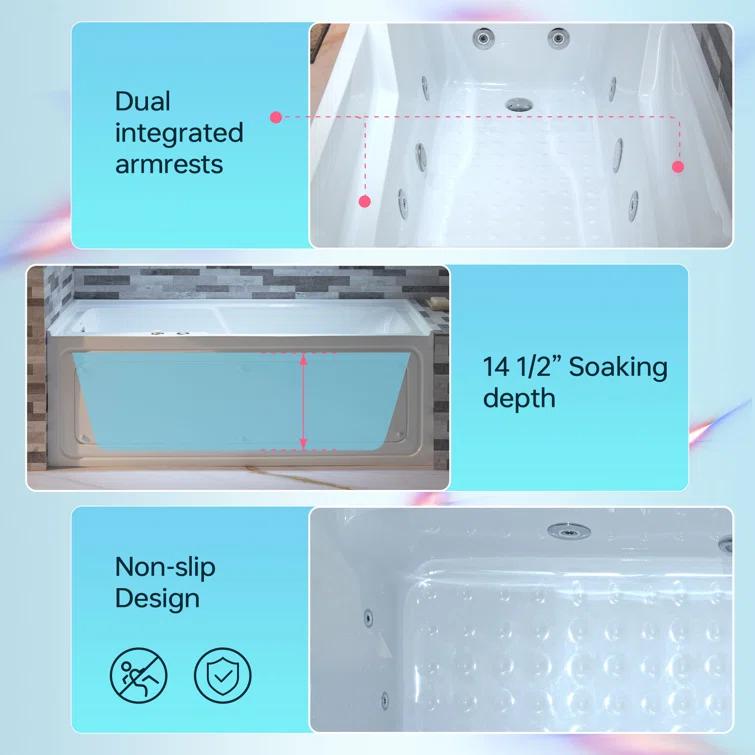60" x 30" Whirlpool Heated Rectangular Alcove Acrylic Bathtub with Chrome/Matte Black Drain and Overflow