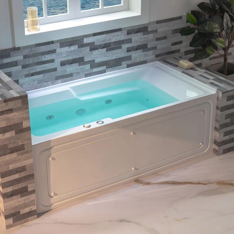 60" x 30" Whirlpool Heated Rectangular Alcove Acrylic Bathtub with Chrome/Matte Black Drain and Overflow