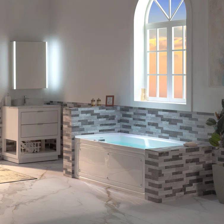 60" x 30" Whirlpool Heated Rectangular Alcove Acrylic Bathtub with Chrome/Matte Black Drain and Overflow