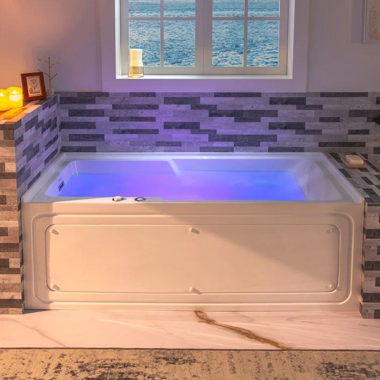 60" x 30" Whirlpool Heated Rectangular Alcove Acrylic Bathtub with Chrome/Matte Black Drain and Overflow