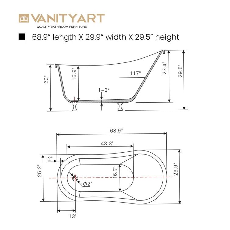 68.9" x 31" Clawfoot Soaking Acrylic Bathtub