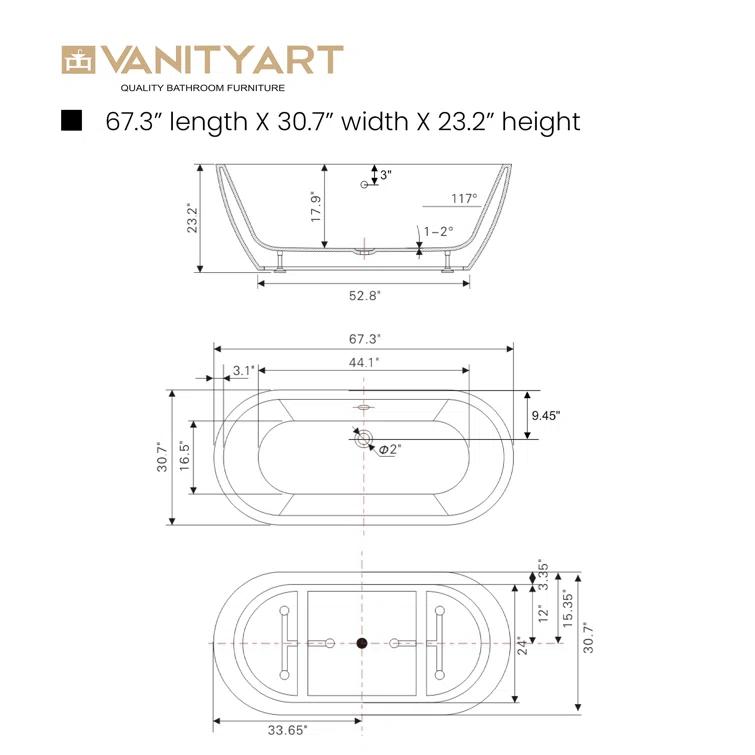 68 " x 31 " Freestanding Soaking Acrylic Bathtub