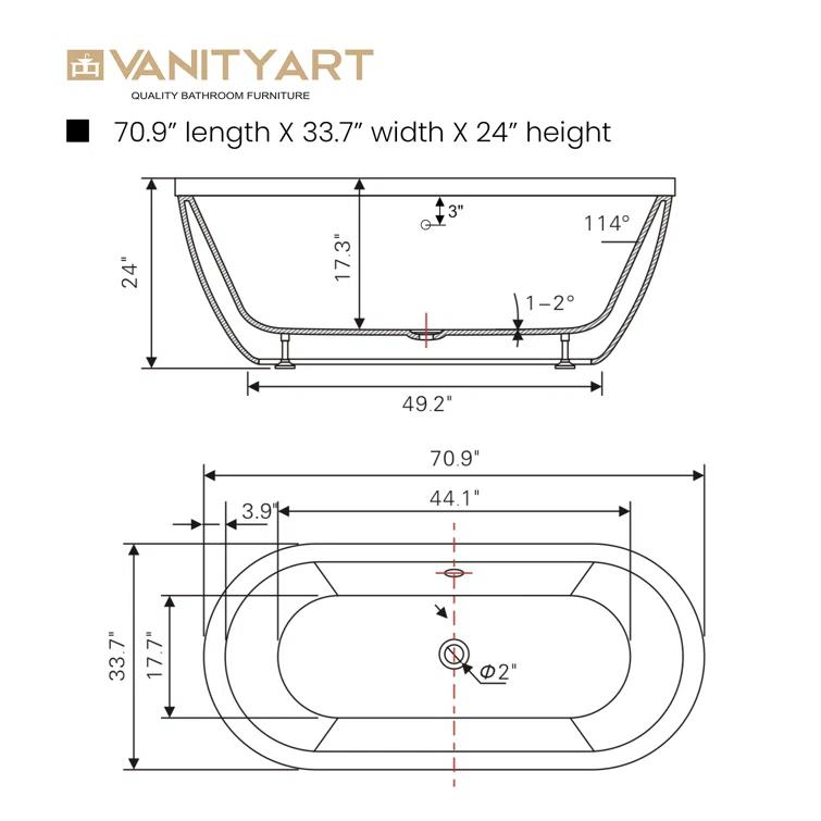 71" x 34" Freestanding Soaking Bathtub