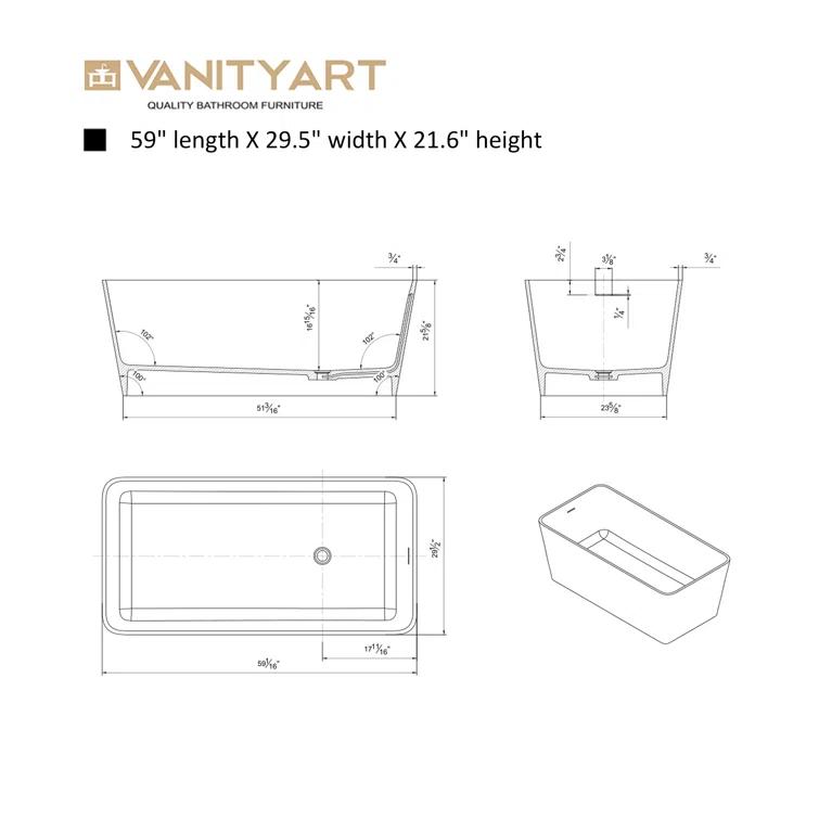 59'' x 30'' Freestanding Soaking Solid Surface Bathtub