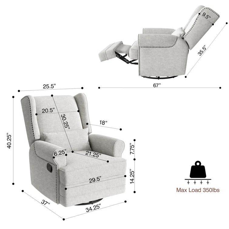 34" Wide Swivel Rocking Nursery Recliner Comfortable Upholstered Glider