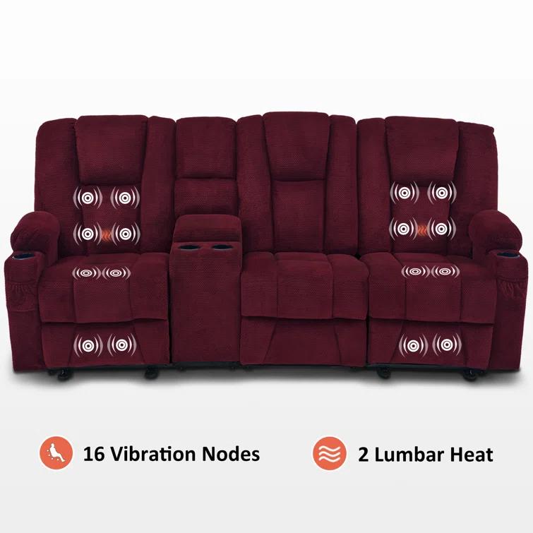 Power Reclining Sofa with Heat and Massage, USB Ports, Cup Holders, 3-Seat Dual Recliner Sofa