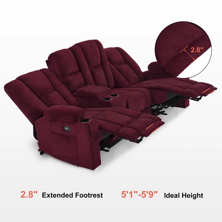 Power Reclining Sofa with Heat and Massage, USB Ports, Cup Holders, 3-Seat Dual Recliner Sofa