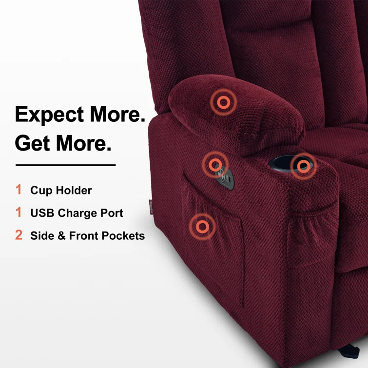 Power Reclining Sofa with Heat and Massage, USB Ports, Cup Holders, 3-Seat Dual Recliner Sofa