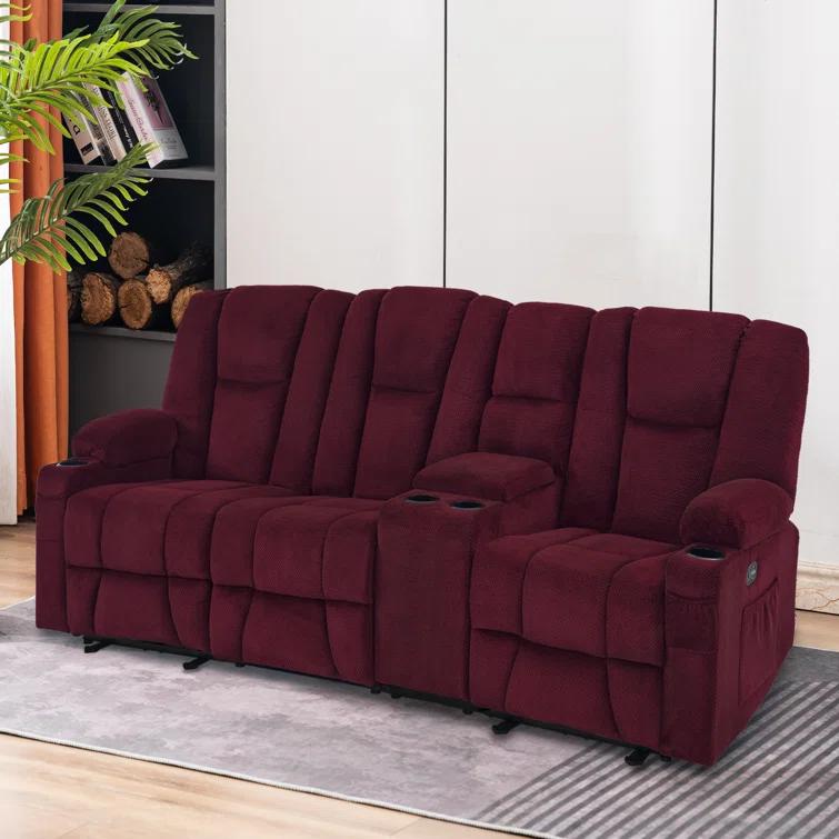 Power Reclining Sofa with Heat and Massage, USB Ports, Cup Holders, 3-Seat Dual Recliner Sofa