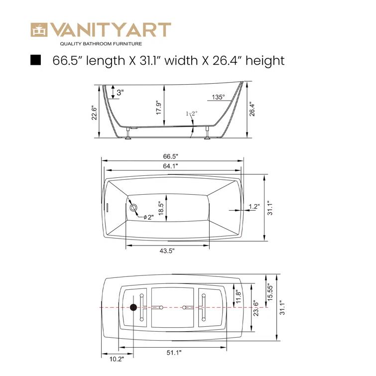 Vanity Art 67" X 31" Acrylic Freestanding Bathtub