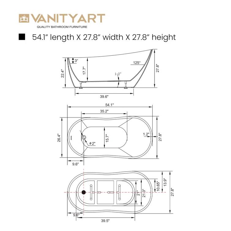 54" X 28" Freestanding Soaking Acrylic Bathtub