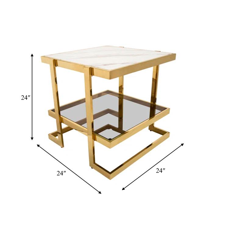 Mercer41 Atli Modern 24" Accent Table with Marble-Look Top, Glass Shelf & Gold Metal Geometric Frame for Living Room or Bedroom