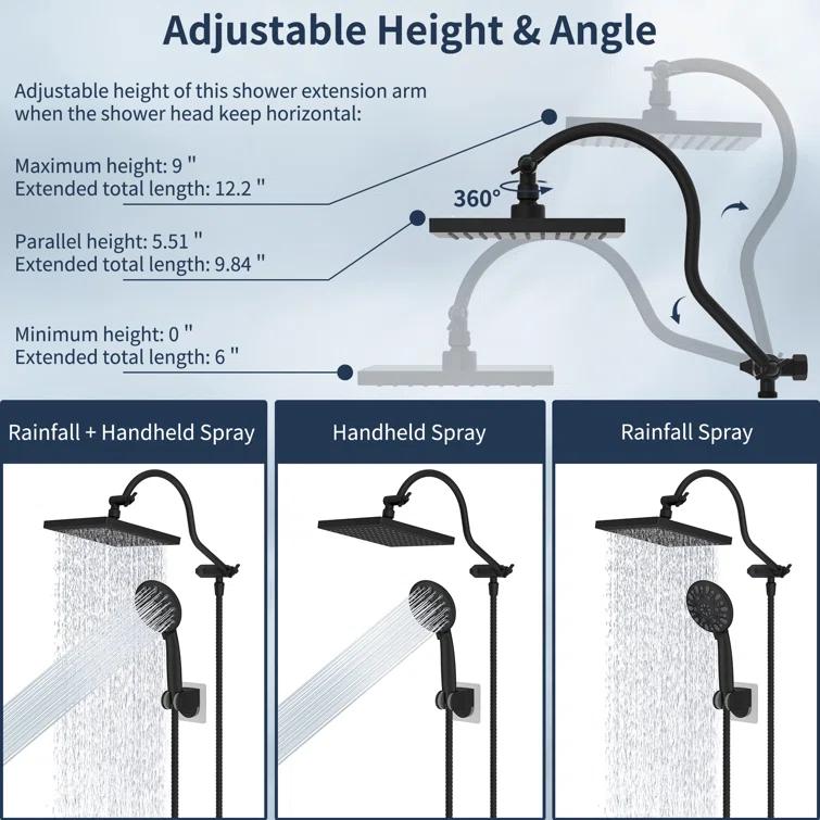 Hibbent 8 Inch Metal Rainfall Shower Head/Handheld Showerhead Combo SCW01-HS070-AS080-MB