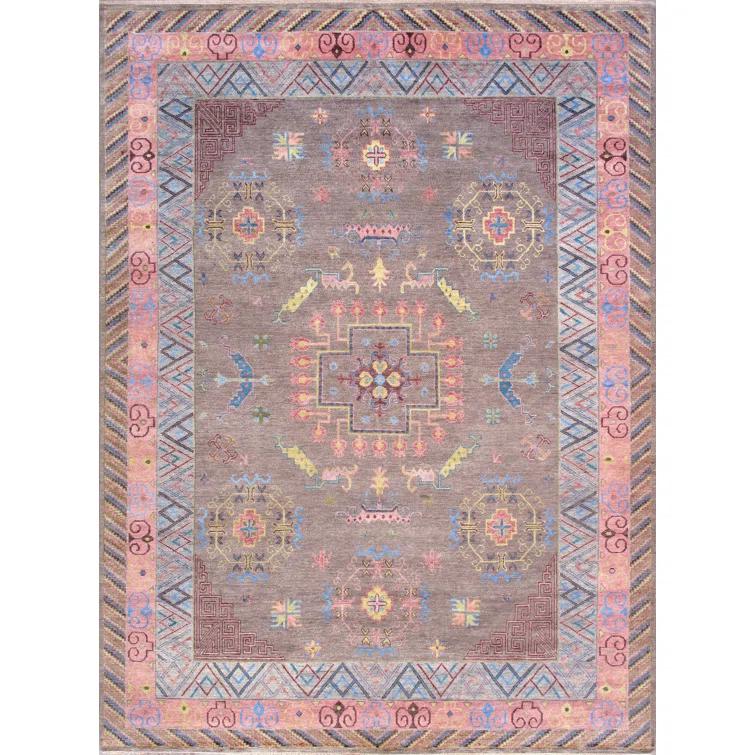 Pasargad Khotan Southwestern Hand-Knotted Rectangle 10'1" x 14' Wool Area Rug in Gray/Rose/Blue