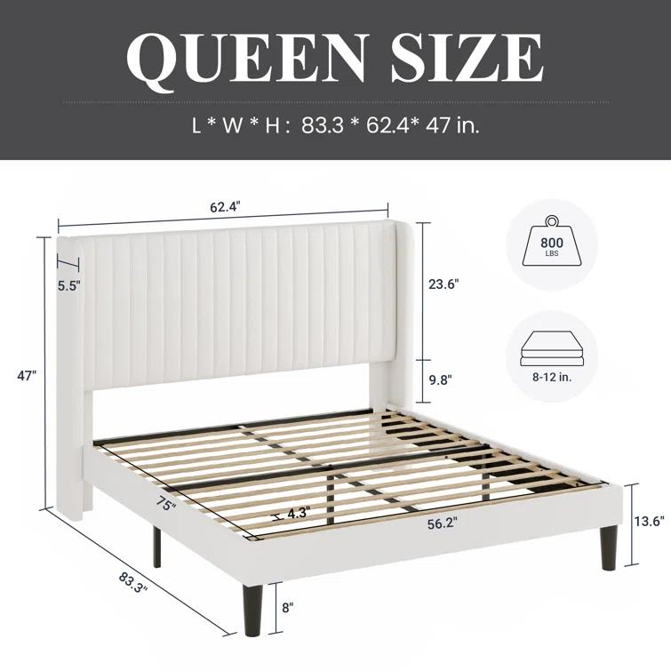 Candler Velvet Upholstered Platform Bed with Wingback Headboard and Wooden Slats