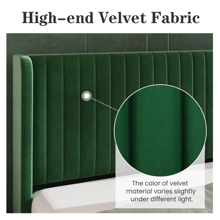 Candler Velvet Upholstered Platform Bed with Wingback Headboard and Wooden Slats
