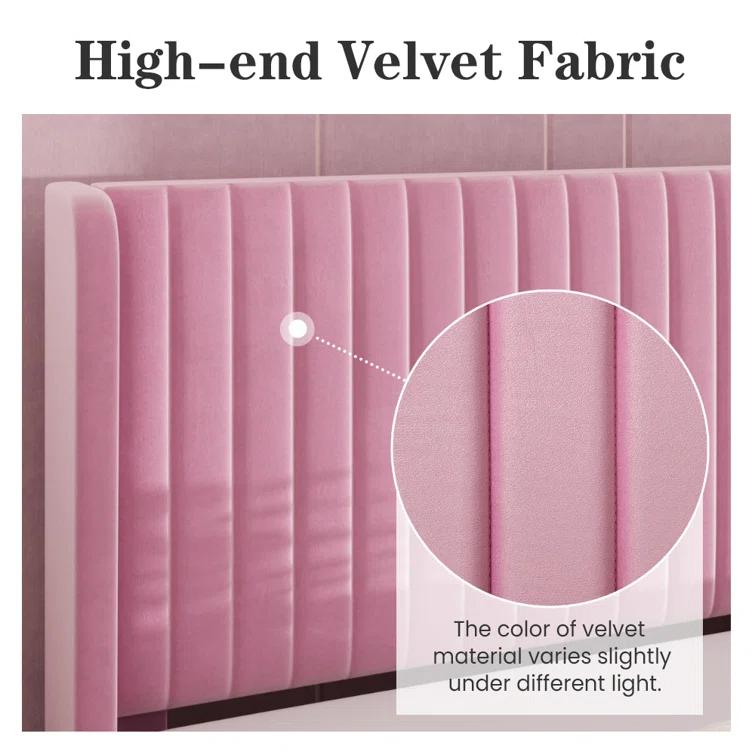 Candler Velvet Upholstered Platform Bed with Wingback Headboard and Wooden Slats