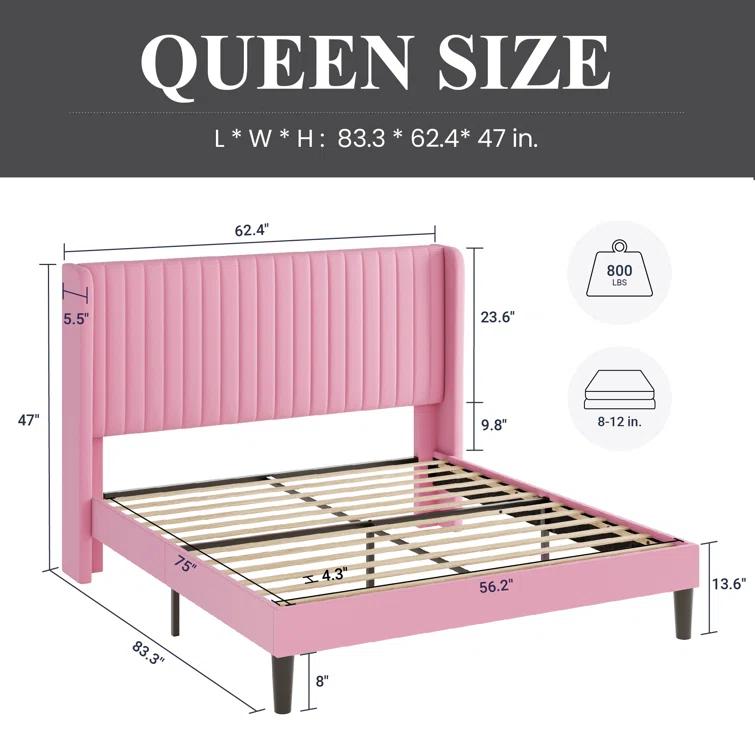 Candler Velvet Upholstered Platform Bed with Wingback Headboard and Wooden Slats