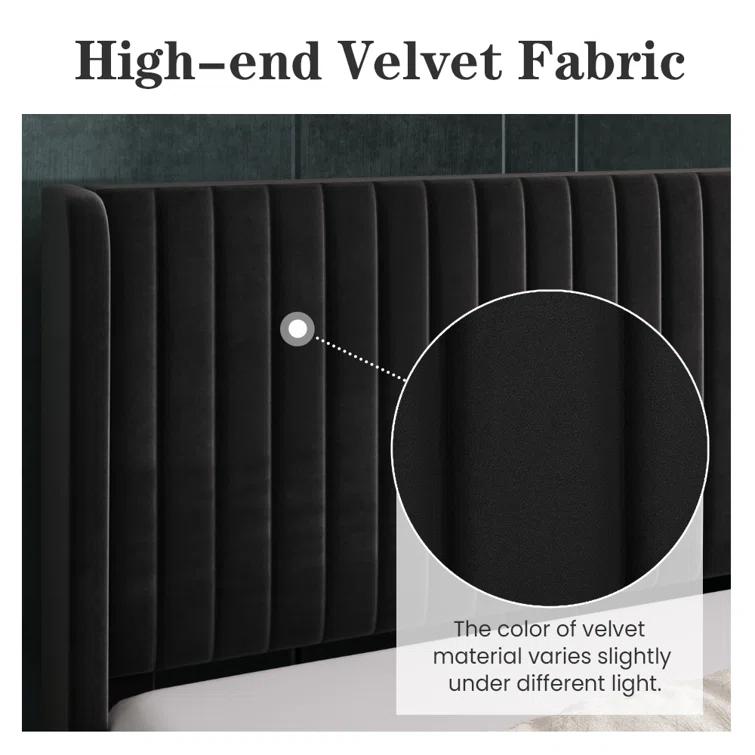 Candler Velvet Upholstered Platform Bed with Wingback Headboard and Wooden Slats