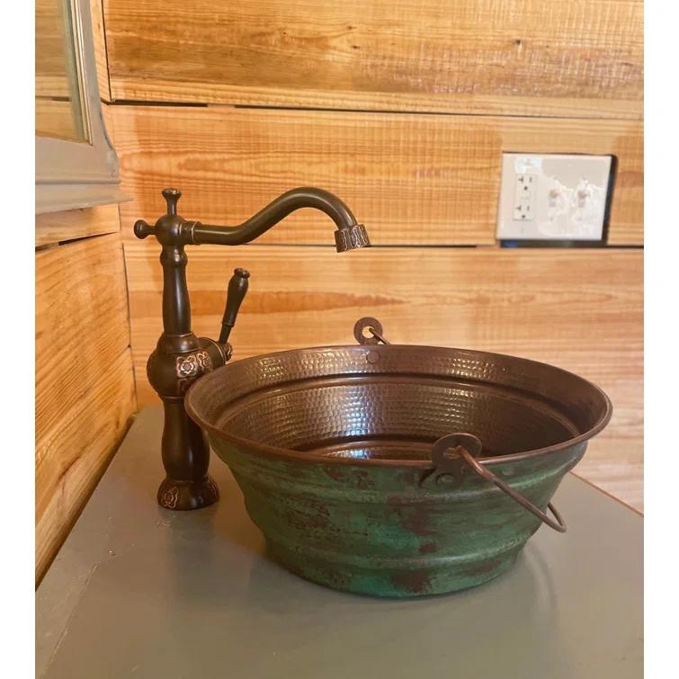 15" Round Copper Vessel Bath Sink Bucket with Green Patina Exterior, Drain Included