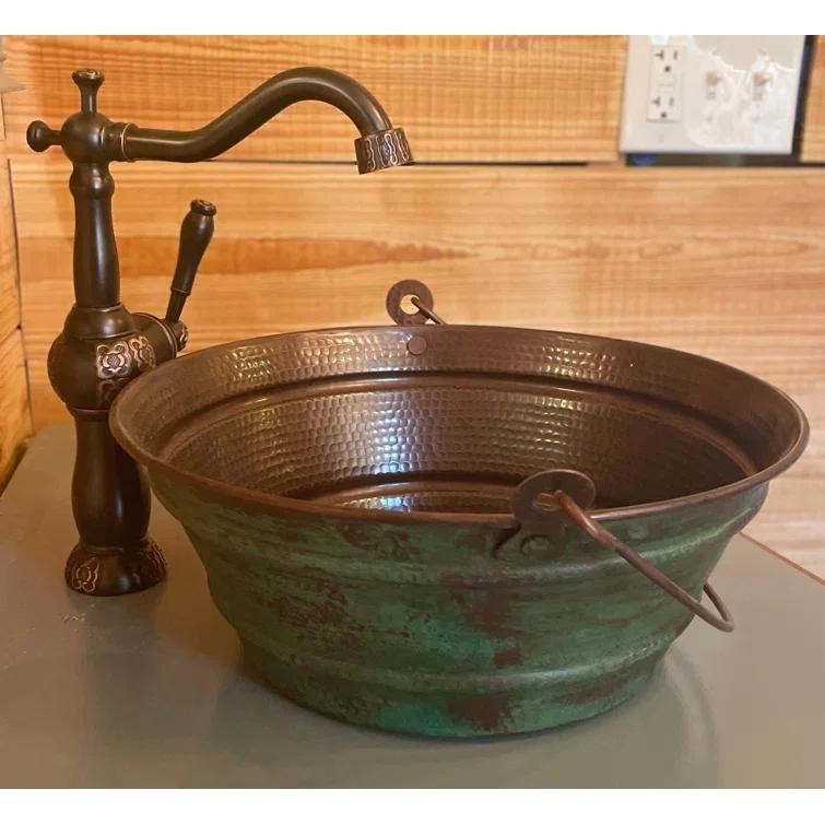 15" Round Copper Vessel Bath Sink Bucket with Green Patina Exterior, Drain Included