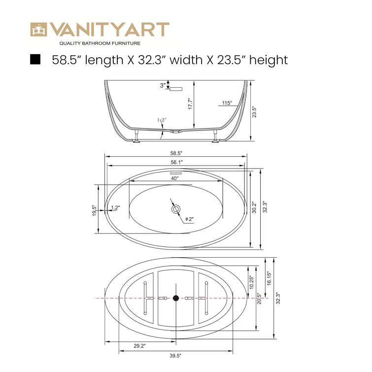 Vanity Art 59" X 32" White Acrylic Freestanding Bathtub