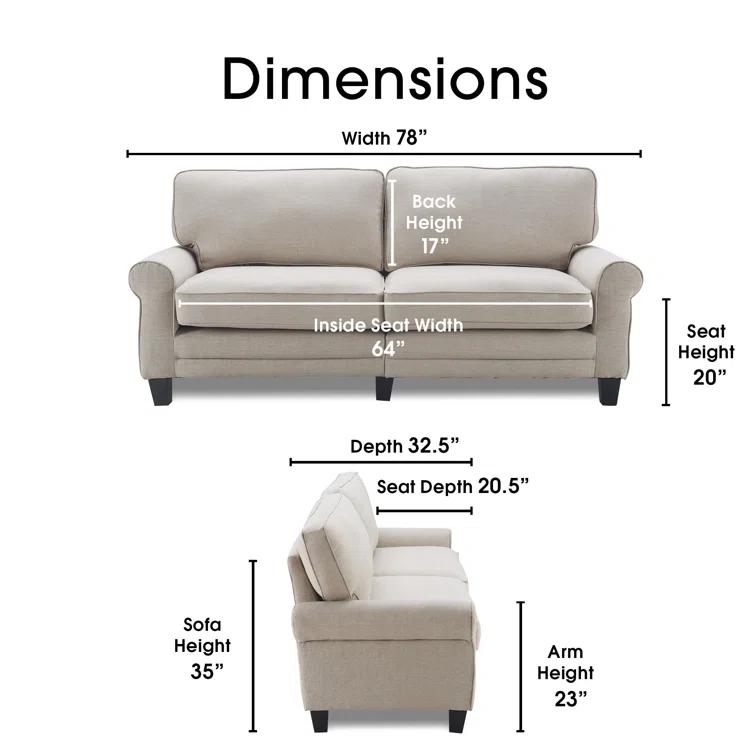 Serta Copenhagen 78" Rolled Arm Sofa, Easy Care Fabric, Soft Pillow Back, Pocket Coil Seat Cushions