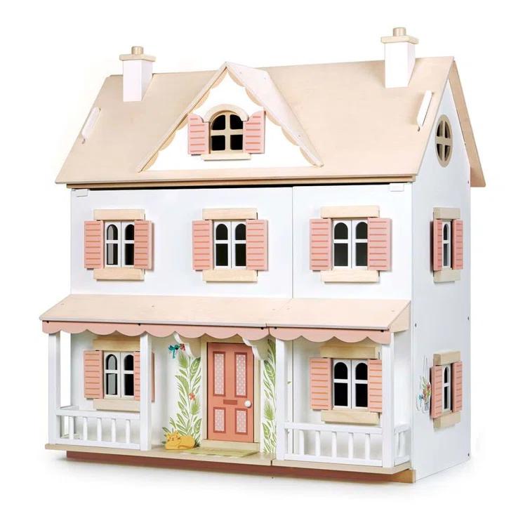 Large White and Pink Wooden Colonial Dollhouse Kit