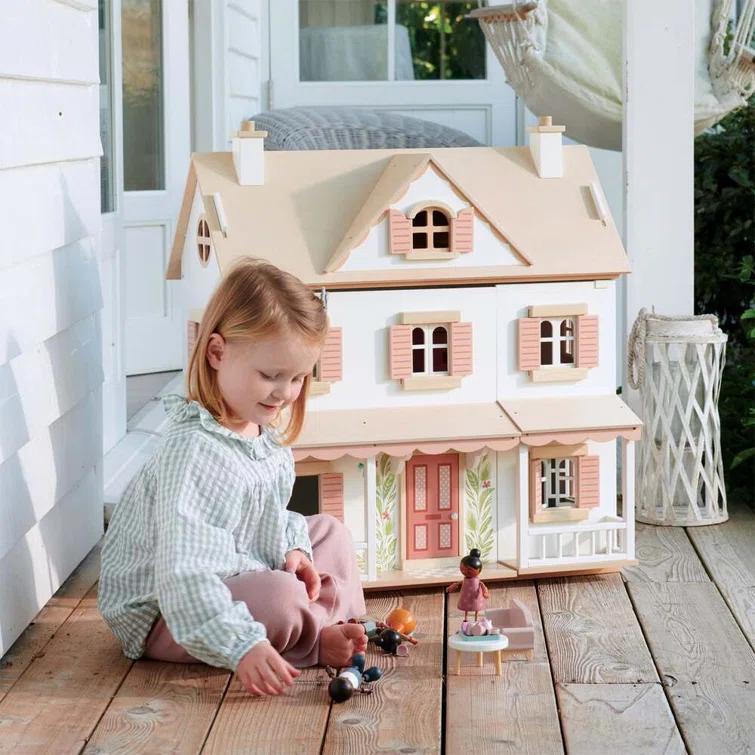 Large White and Pink Wooden Colonial Dollhouse Kit