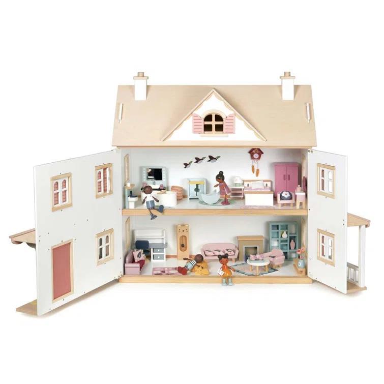 Large White and Pink Wooden Colonial Dollhouse Kit